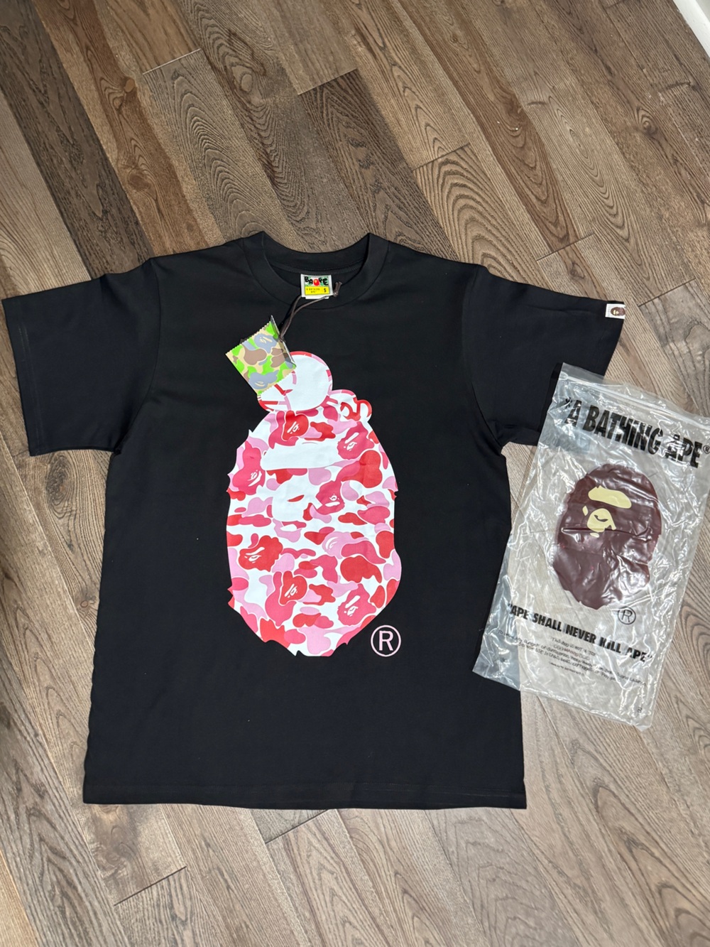 Bape Black Tee with Pink & Red Camo Ape Head